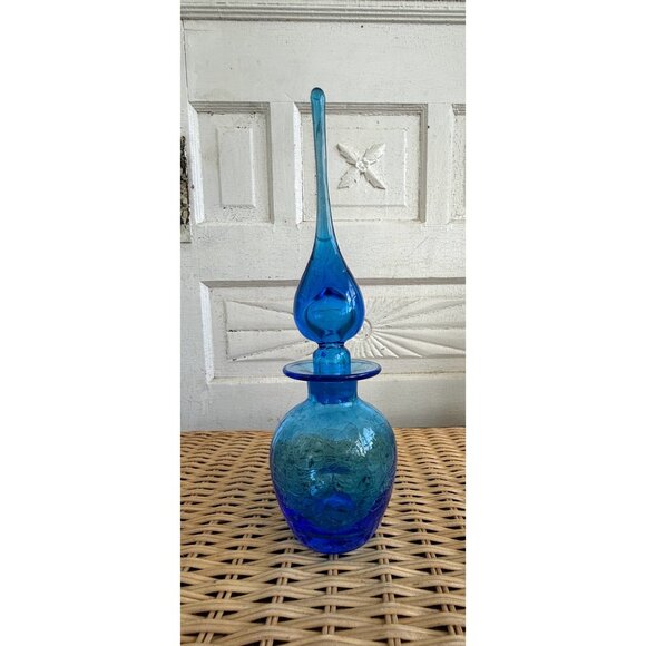 Vintage MCM Rainbow Art Glass Blue Crackle Decanter Bottle Flame Stopper - Picture 11 of 13